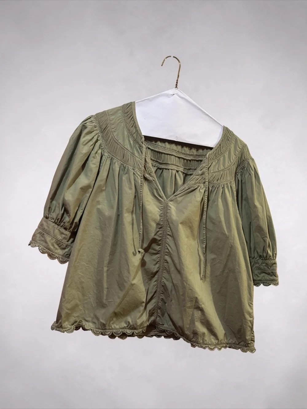 Ulla Johnson Olive Green cotton lace trim puff sleeve Peasant Blouse size 8